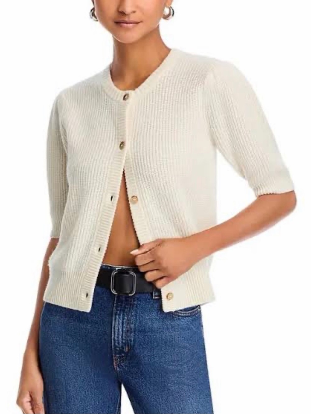 Nwt Frame Shrunken Cream Short-Sleeve Button-Front Knit Sweater, Medium